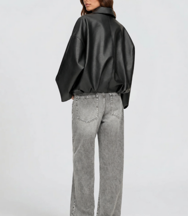 Women's Bomber Jacket in Faux Leather with Zip Up Front
