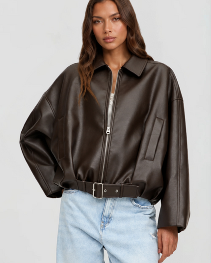 Women's Bomber Jacket in Faux Leather with Zip Up Front