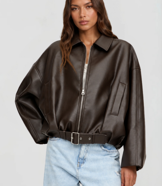 Women's Bomber Jacket in Faux Leather with Zip Up Front