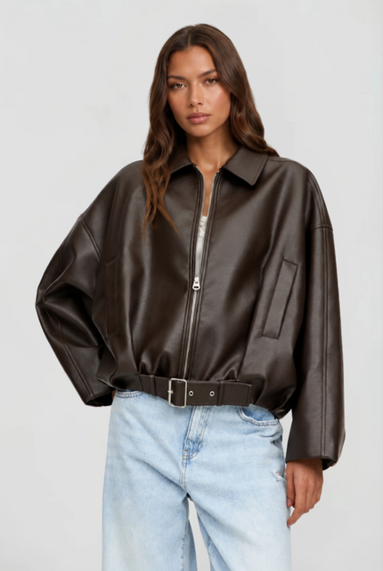 Women's Bomber Jacket in Faux Leather with Zip Up Front