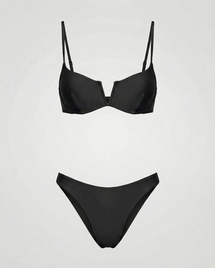 Black high waist bikini top with molded cups and center seam detail