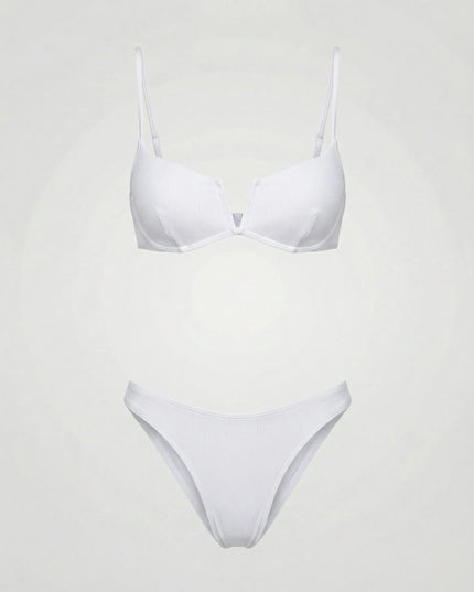 White ribbed high waist bikini set with underwire top and full bottom