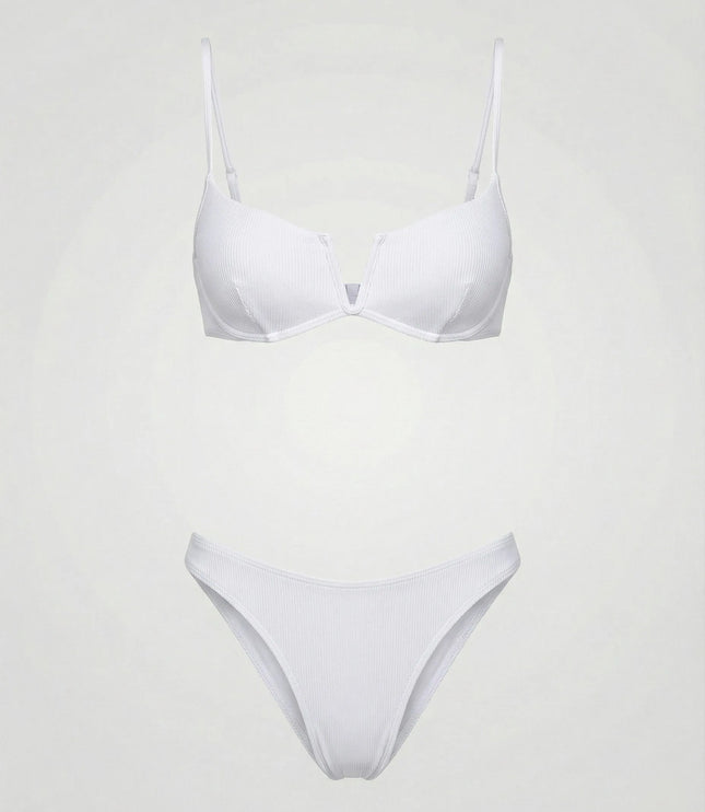 White ribbed high waist bikini set with underwire top and full bottom