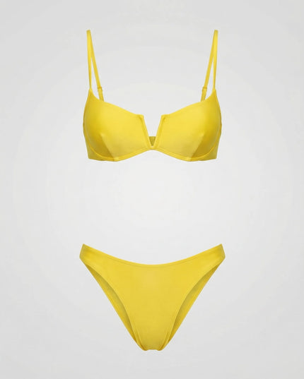 Yellow high waist bikini two piece with molded cups and wide straps