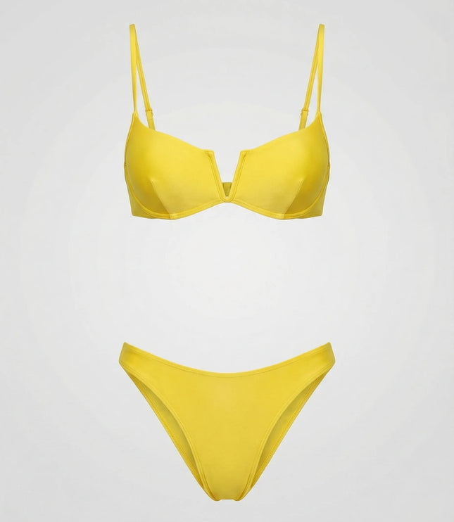 Yellow high waist bikini two piece with molded cups and wide straps