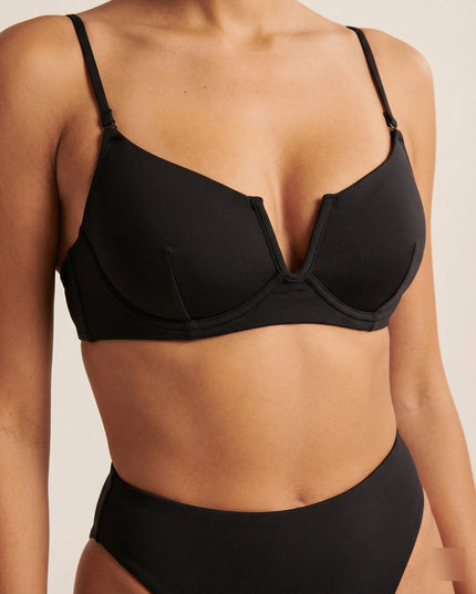 Black high waist bikini top with underwire and thin straps, front view