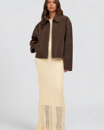 Women's Brown Fall Jacket in Cropped Faux Suede, Zip Up Front