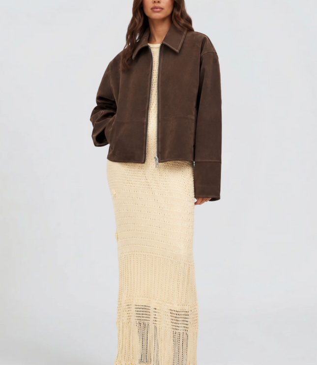Women's Brown Fall Jacket in Cropped Faux Suede, Zip Up Front