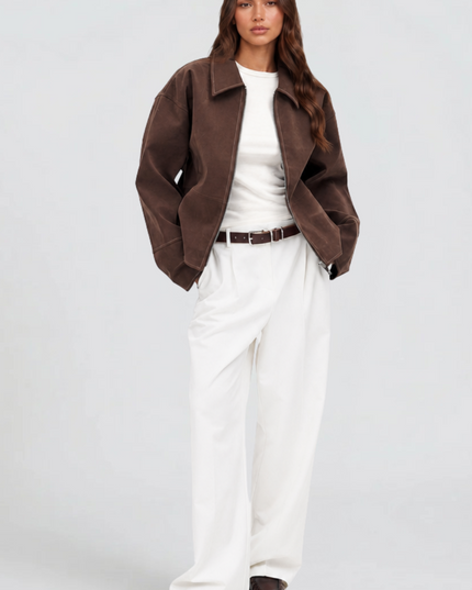 Women's Brown Fall Jacket in Cropped Faux Suede, Zip Up Front