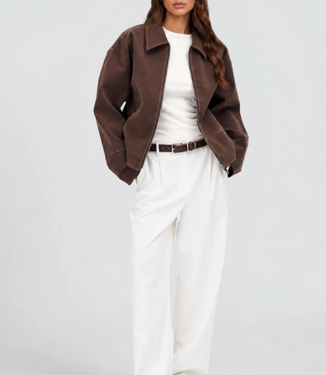 Women's Brown Fall Jacket in Cropped Faux Suede, Zip Up Front