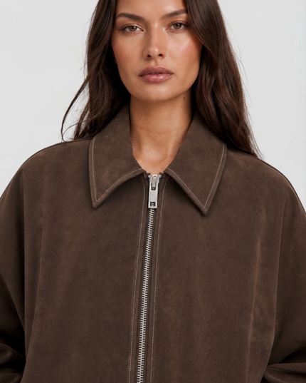 Women's Brown Fall Jacket in Cropped Faux Suede, Zip Up Front