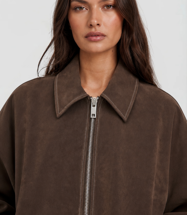 Women's Brown Fall Jacket in Cropped Faux Suede, Zip Up Front