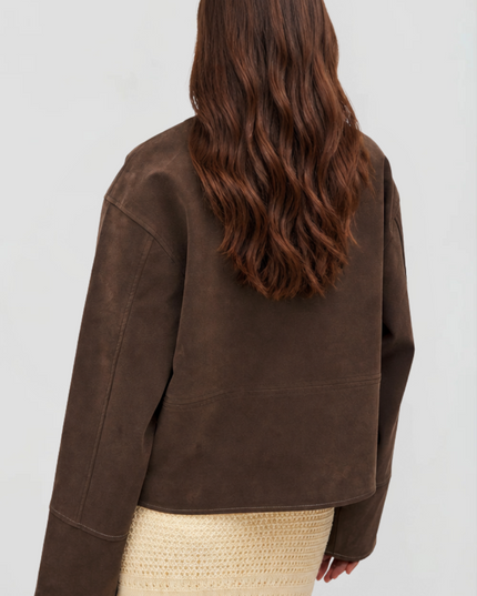 Women's Brown Fall Jacket in Cropped Faux Suede, Zip Up Front