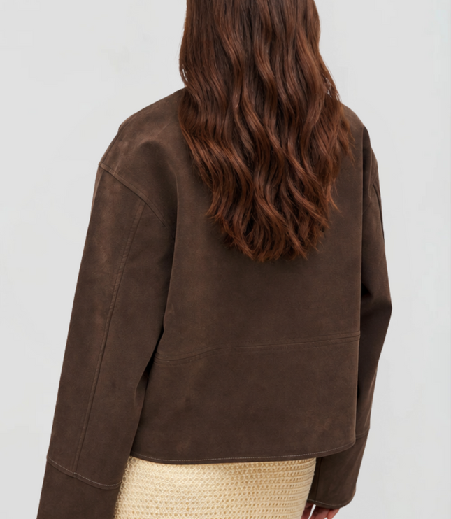 Women's Brown Fall Jacket in Cropped Faux Suede, Zip Up Front