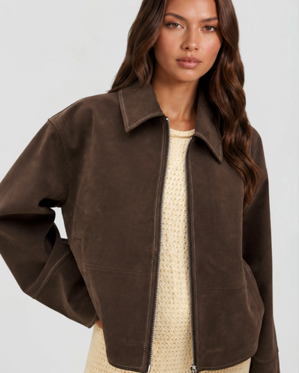 Women's Brown Fall Jacket in Cropped Faux Suede, Zip Up Front