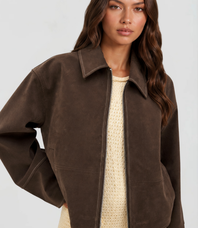 Women's Brown Fall Jacket in Cropped Faux Suede, Zip Up Front