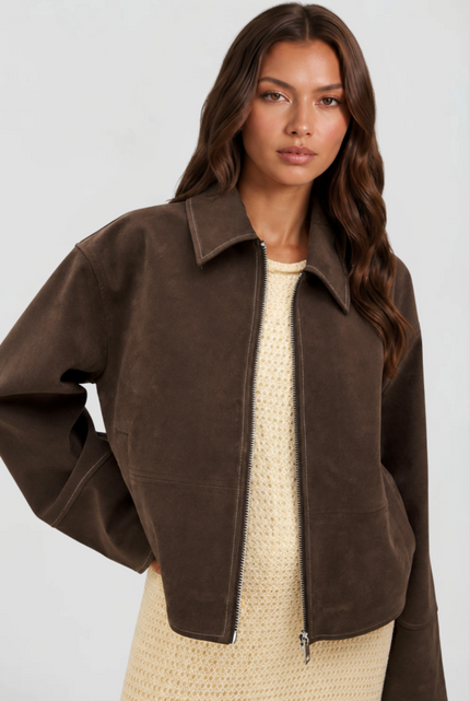 Women's Brown Fall Jacket in Cropped Faux Suede, Zip Up Front