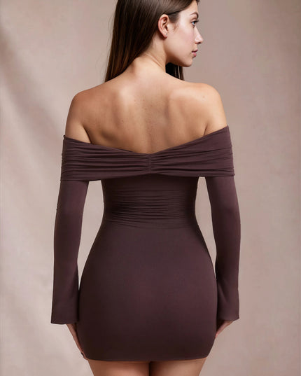 Women's Brown Long Sleeve Off Shoulder Bodycon Mini Dress