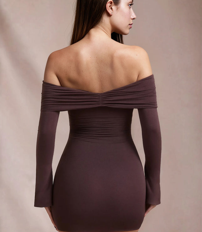 Women's Brown Long Sleeve Off Shoulder Bodycon Mini Dress