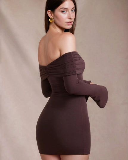 Women's Brown Long Sleeve Off Shoulder Bodycon Mini Dress