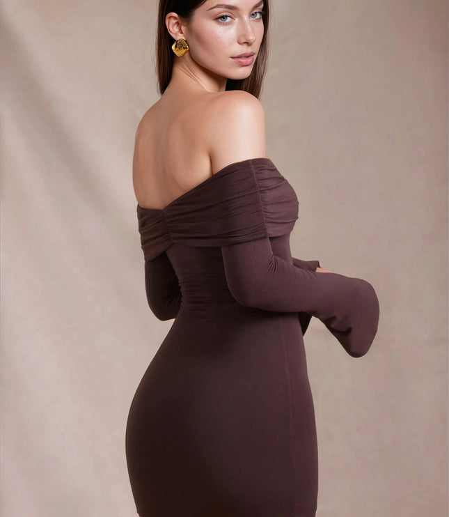 Women's Brown Long Sleeve Off Shoulder Bodycon Mini Dress