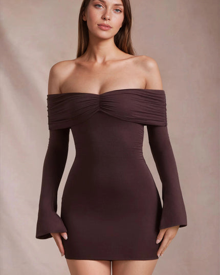 Women's Brown Long Sleeve Off Shoulder Bodycon Mini Dress