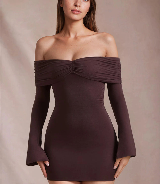 Women's Brown Long Sleeve Off Shoulder Bodycon Mini Dress