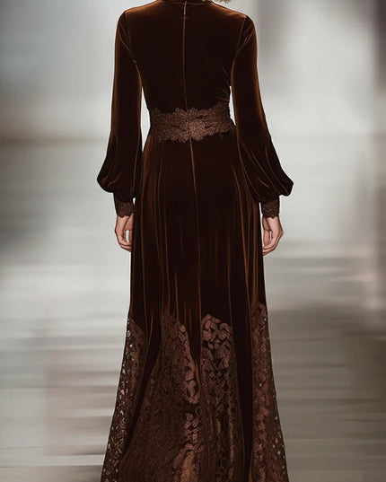 Women's Brown Velvet Turtleneck Maxi Dress with Lace Hem