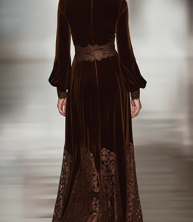 Women's Brown Velvet Turtleneck Maxi Dress with Lace Hem