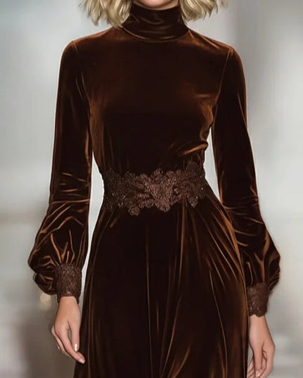 Women's Brown Velvet Turtleneck Maxi Dress with Lace Hem