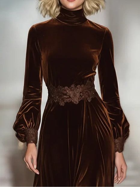 Women's Brown Velvet Turtleneck Maxi Dress with Lace Hem