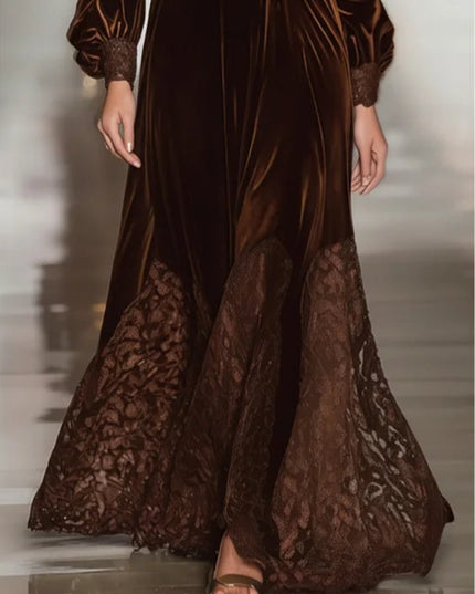 Women's Brown Velvet Turtleneck Maxi Dress with Lace Hem