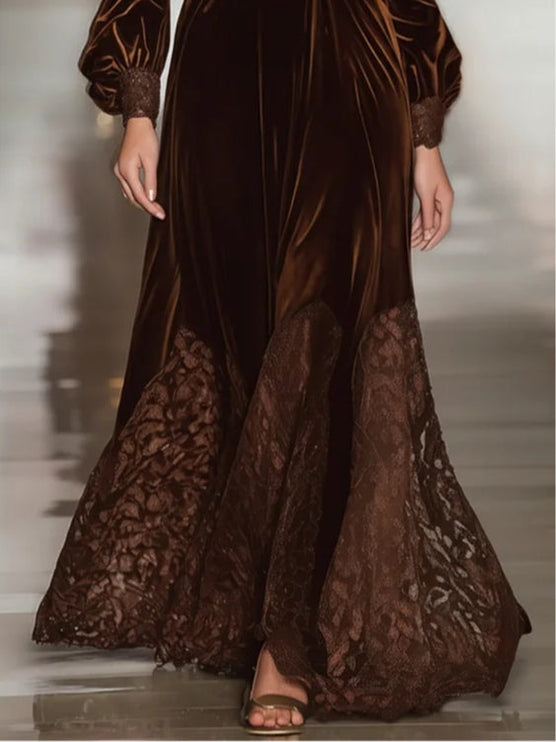 Women's Brown Velvet Turtleneck Maxi Dress with Lace Hem