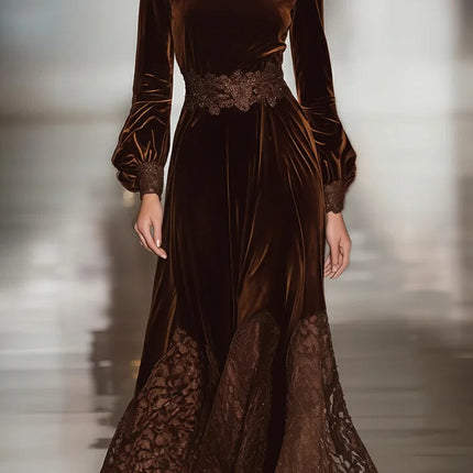 Women's Brown Velvet Turtleneck Maxi Dress with Lace Hem
