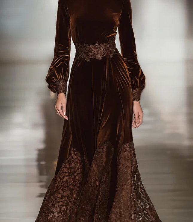 Women's Brown Velvet Turtleneck Maxi Dress with Lace Hem