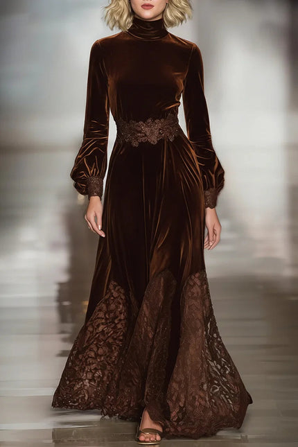 Women's Brown Velvet Turtleneck Maxi Dress with Lace Hem