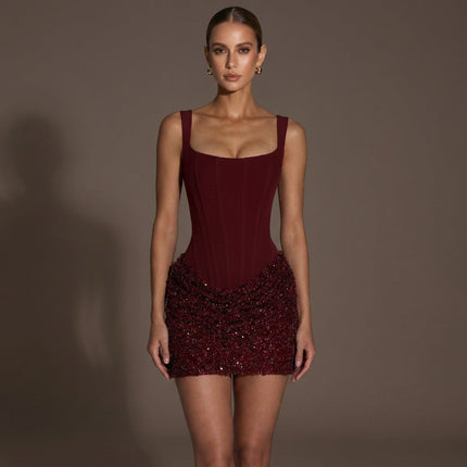 Women's Burgundy Sequin Dress with Lace-Up Back