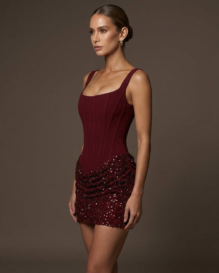 Women's Burgundy Sequin Dress with Lace-Up Back