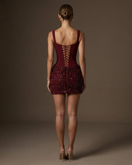 Women's Burgundy Sequin Dress with Lace-Up Back