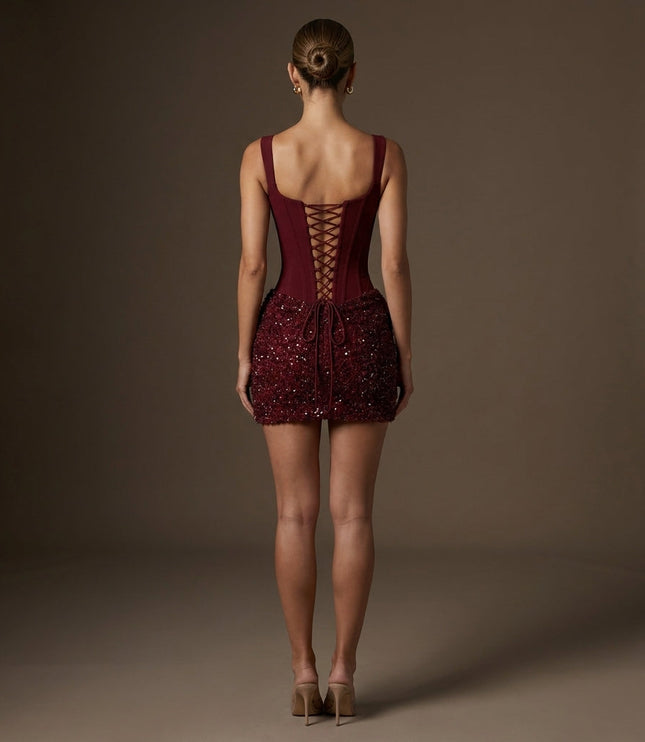 Women's Burgundy Sequin Dress with Lace-Up Back