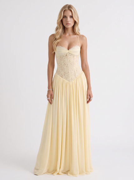 Women's Butter Yellow Lace Corset Maxi Dress with Lace-Up Back