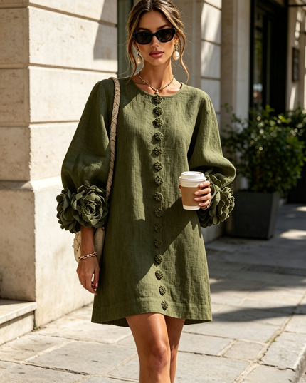 Women's Button-Front Mini Dress with Floral Rosette Cuffs