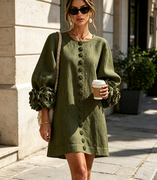 Women's Button-Front Mini Dress with Floral Rosette Cuffs