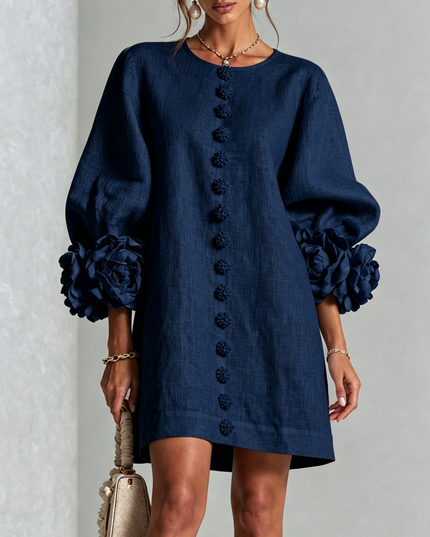 Women's Button-Front Mini Dress with Floral Rosette Cuffs