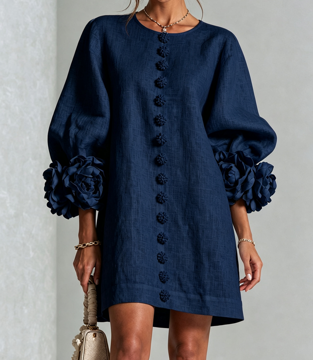 Women's Button-Front Mini Dress with Floral Rosette Cuffs