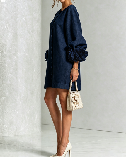 Women's Button-Front Mini Dress with Floral Rosette Cuffs