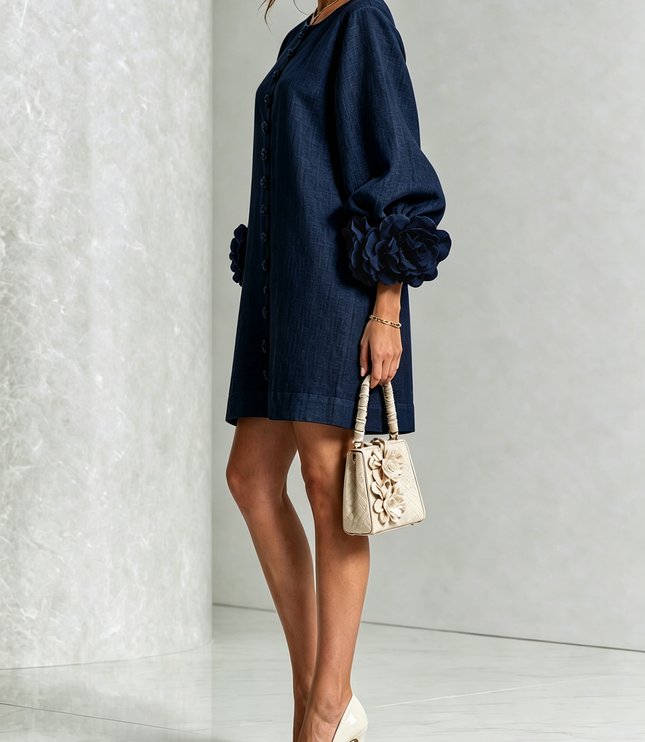 Women's Button-Front Mini Dress with Floral Rosette Cuffs