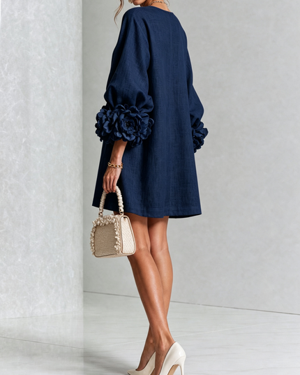 Women's Button-Front Mini Dress with Floral Rosette Cuffs