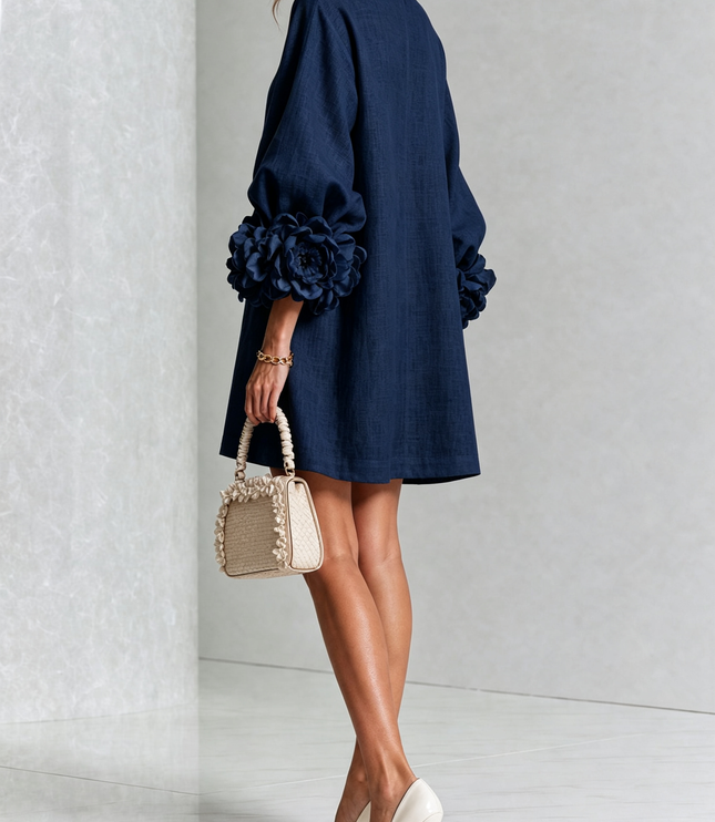 Women's Button-Front Mini Dress with Floral Rosette Cuffs