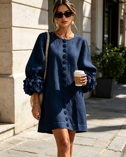 Women's Button-Front Mini Dress with Floral Rosette Cuffs